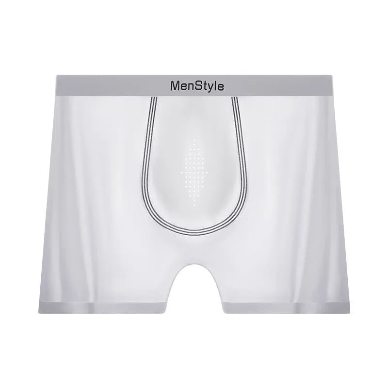 Men's seamless satin ice silk boxers in dark grey showing mid waist and single-layer crotch design