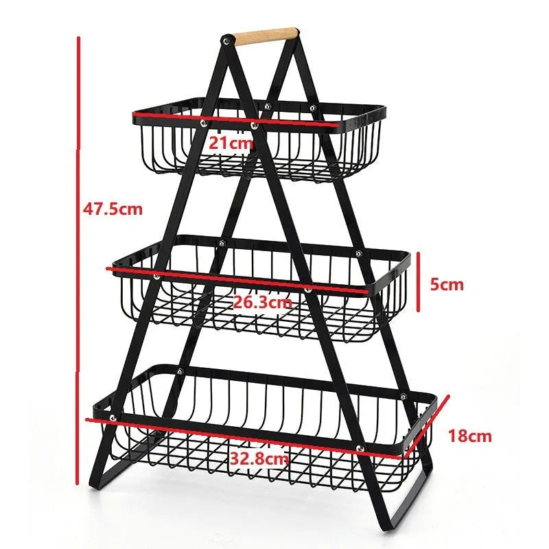 Black detachable iron double-layer fruit basket with wooden handle