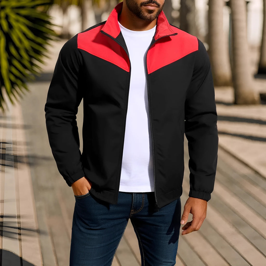 Men's windproof polyester jacket with high collar and colour matching zipper in green colour