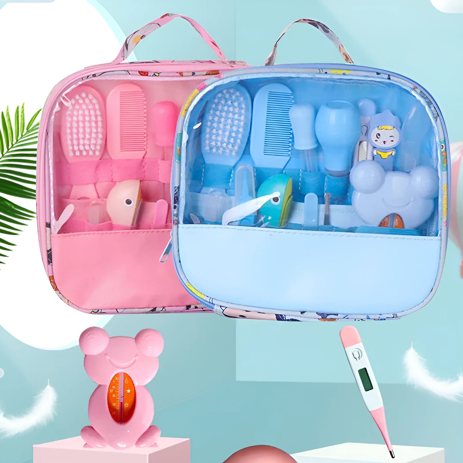 Roadfisher Newborn Baby Care Kit in pink or blue, showing safety scissors, brush, comb, thermometer, and syringe.