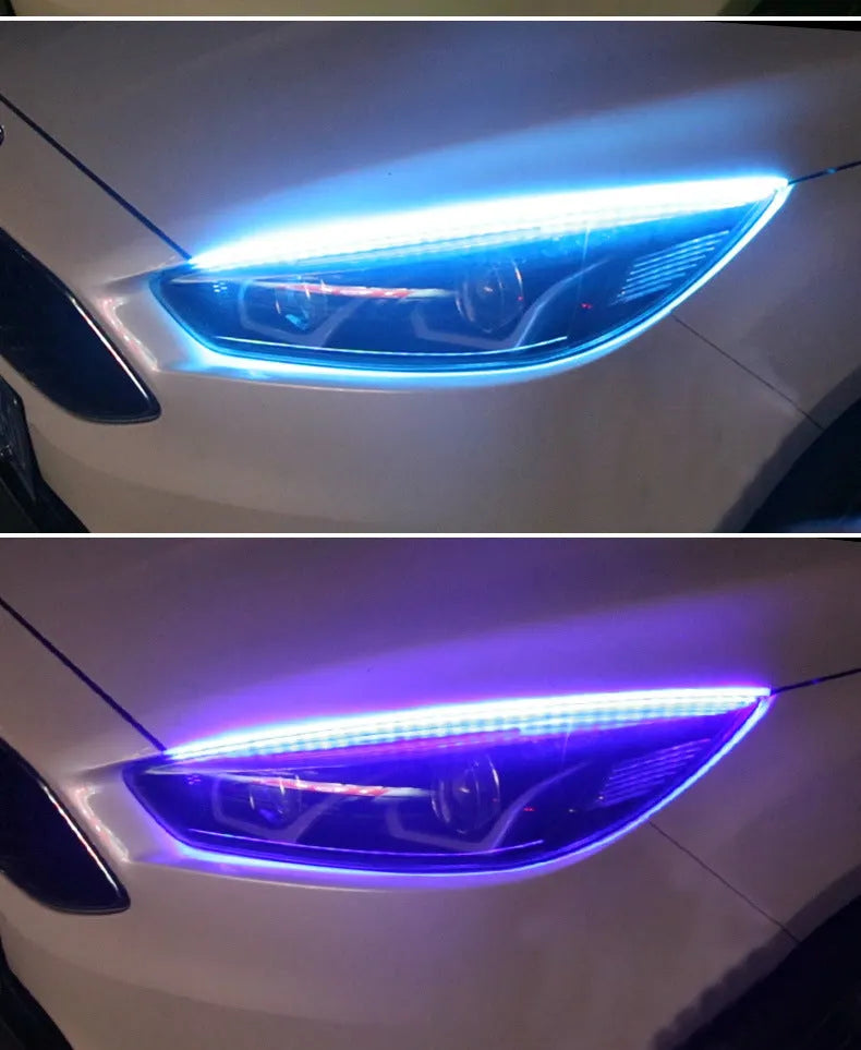 RGB colour-changing LED daytime running light strip with remote control, shown in 30cm, 45cm, and 60cm size options.