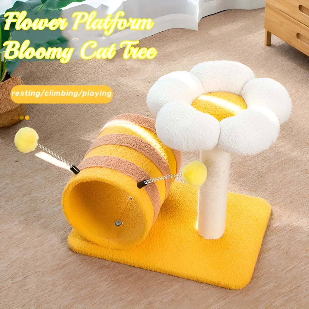 Yellow bee-shaped cat climbing frame with sisal scratching board and fabric tunnel