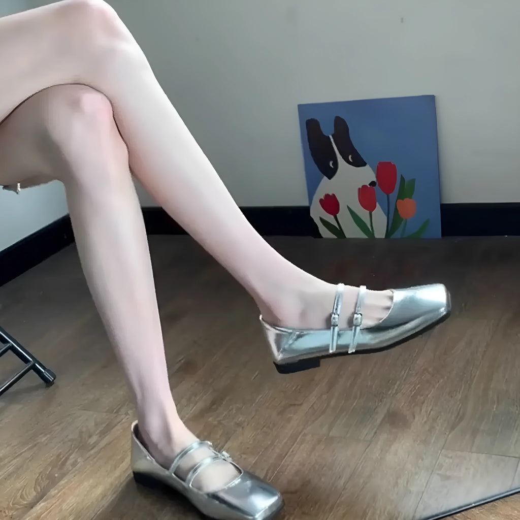 Women's silver ballet pumps with cross buckle strap and genuine leather upper