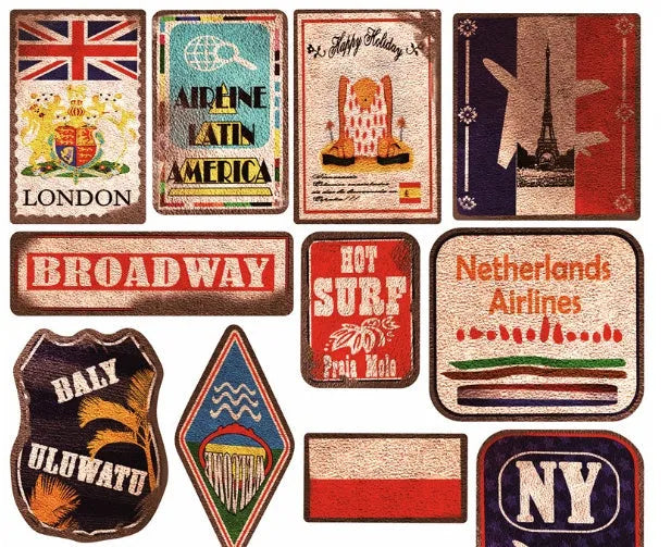 36 retro beach theme stickers with surfing and travel designs in sizes 6cm to 10cm