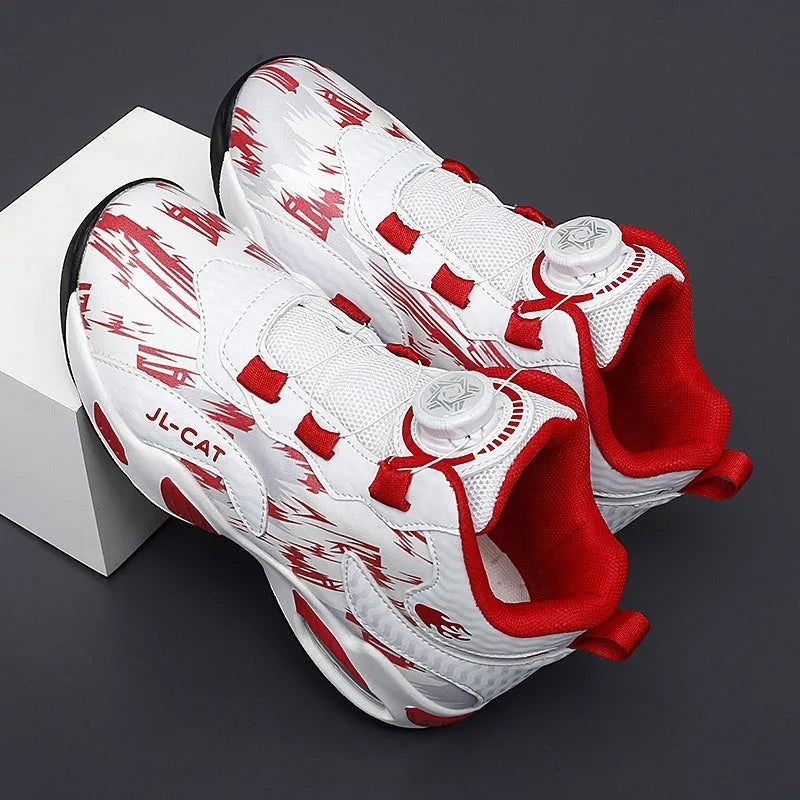 Children's rotating button basketball shoes in synthetic leather, showing waterproof design and colour options.