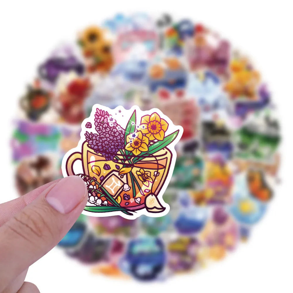 Colourful tea cup graffiti design waterproof stickers, 50-piece pack for luggage and scooter customisation.