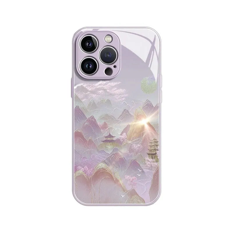 iPhone liquid glass phone case with gold silk Yuanshan print in grass purple colour