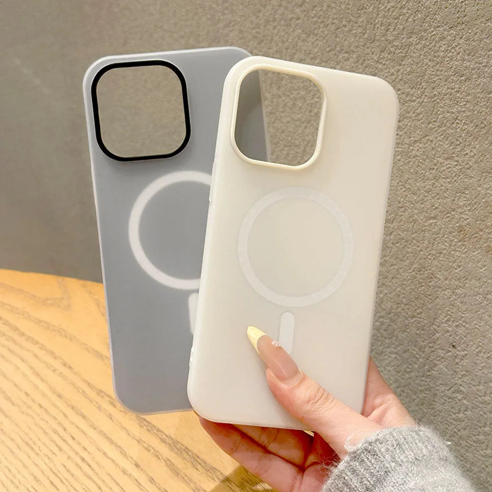 Double-layer magnetic phone case with frosted finish in beige for Apple iPhone 15