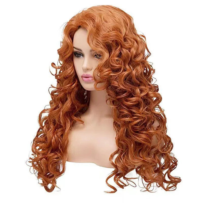 Brown long curly wavy synthetic wig with fluffy texture and built-in cap for cosplay and costume wear