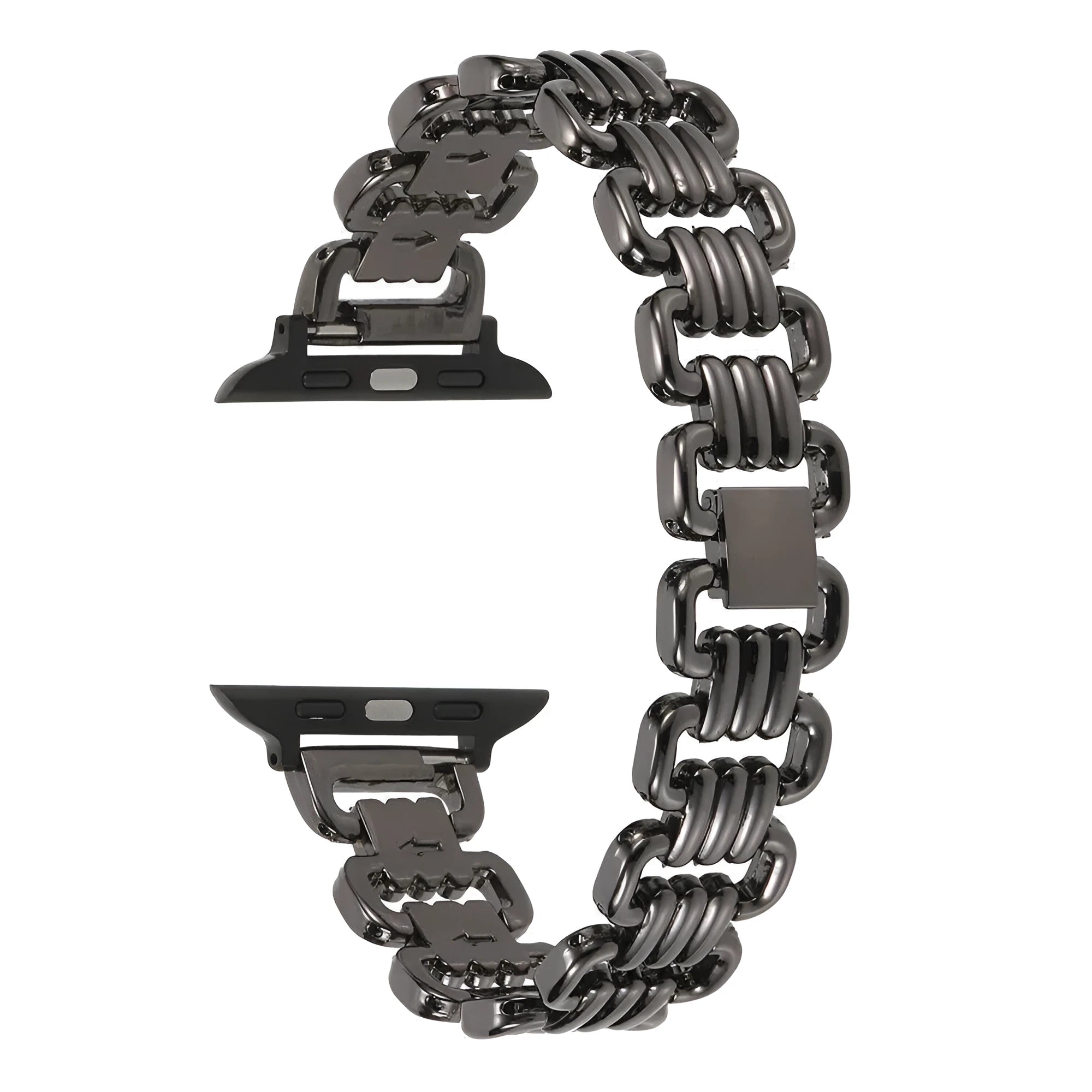 Silver alloy metal bracelet strap for Apple Watch on a grey background.
