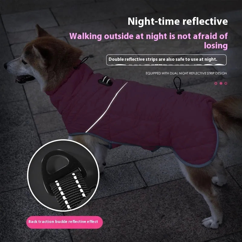 Rose Red lightweight cotton-padded dog coat on a medium breed dog, polyester casual style for cold weather