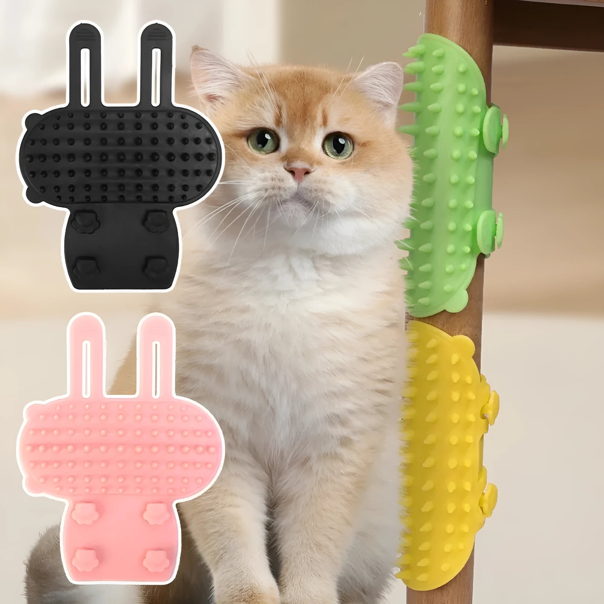 Silicone cat grooming comb with rounded teeth and adjustable strap mounted on a table leg.