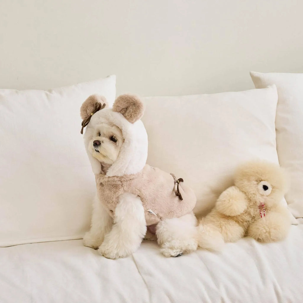 Light pink and light brown casual polyester coat for dogs and cats showing XS to XL size options