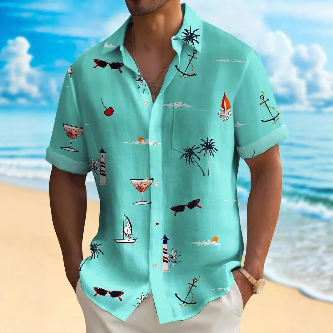 Man wearing a colourful loose-fit Hawaiian print short sleeve shirt.