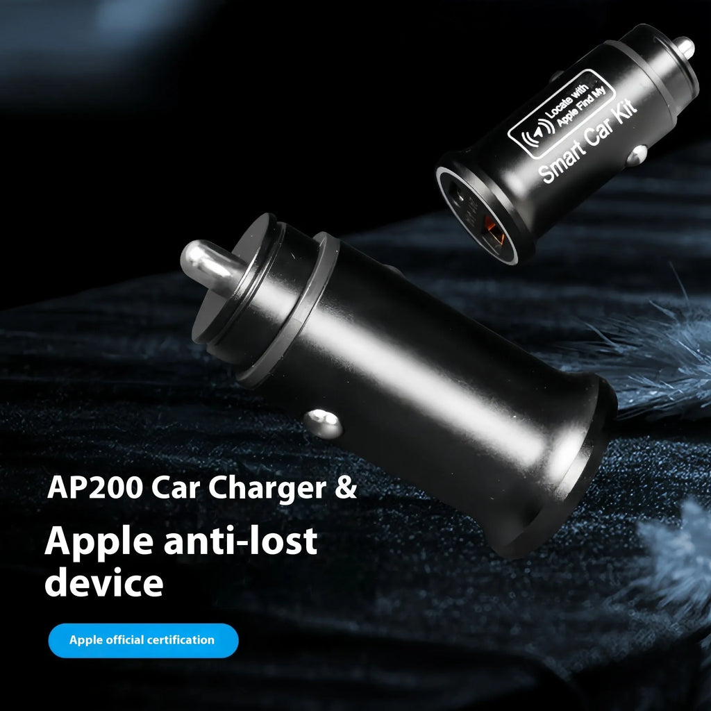 Black ABS car charger locator with integrated GPS for vehicle tracking, plugged into a 12V car socket.