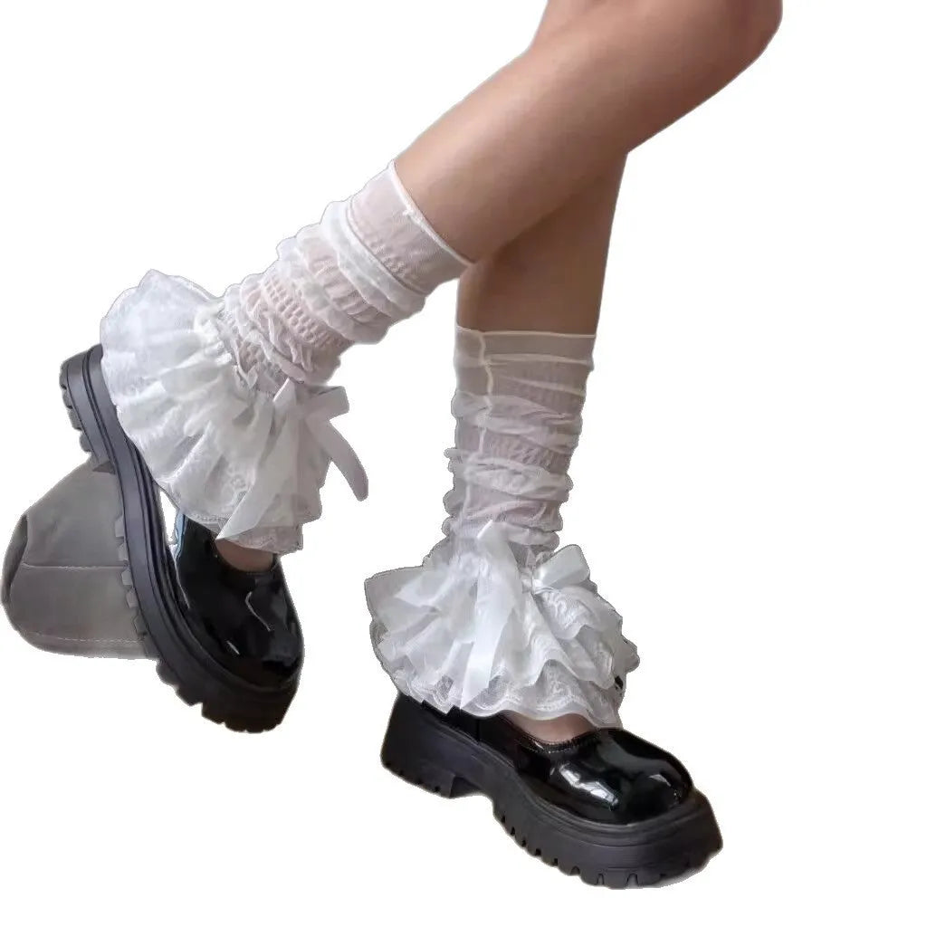 Thin ice silk lace socks for women, black solid colour, mesh craft, middle calf length
