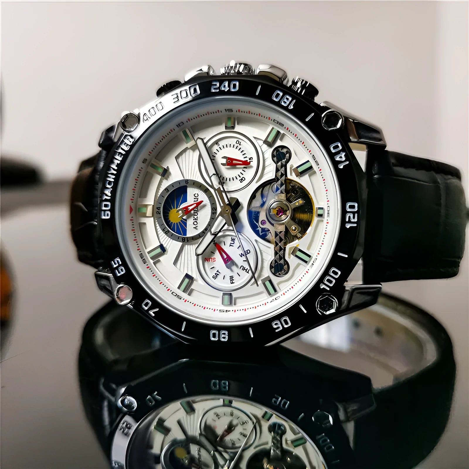 Men's automatic mechanical watch with a casual design on a wrist, showing a silver case and white dial option.