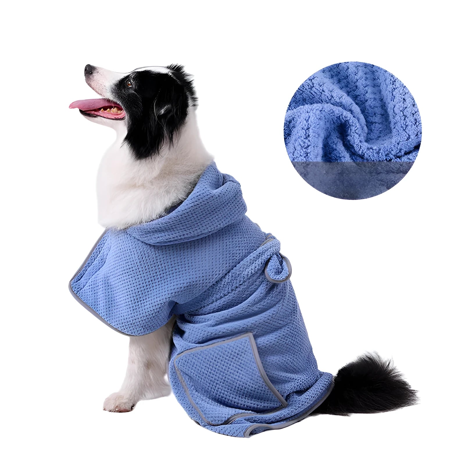 Blue microfiber dog bath robe towel wrapped around dog with adjustable waistband visible