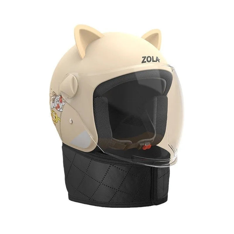 Winter cycling helmet with attached blue neck scarf and clear anti-fog visor on handlebars.