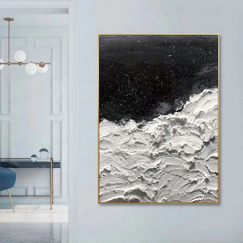 Hand-painted abstract oil painting on canvas with black and white ocean and stars design, modern seascape wall art, rolled frameless, 60x90cm size