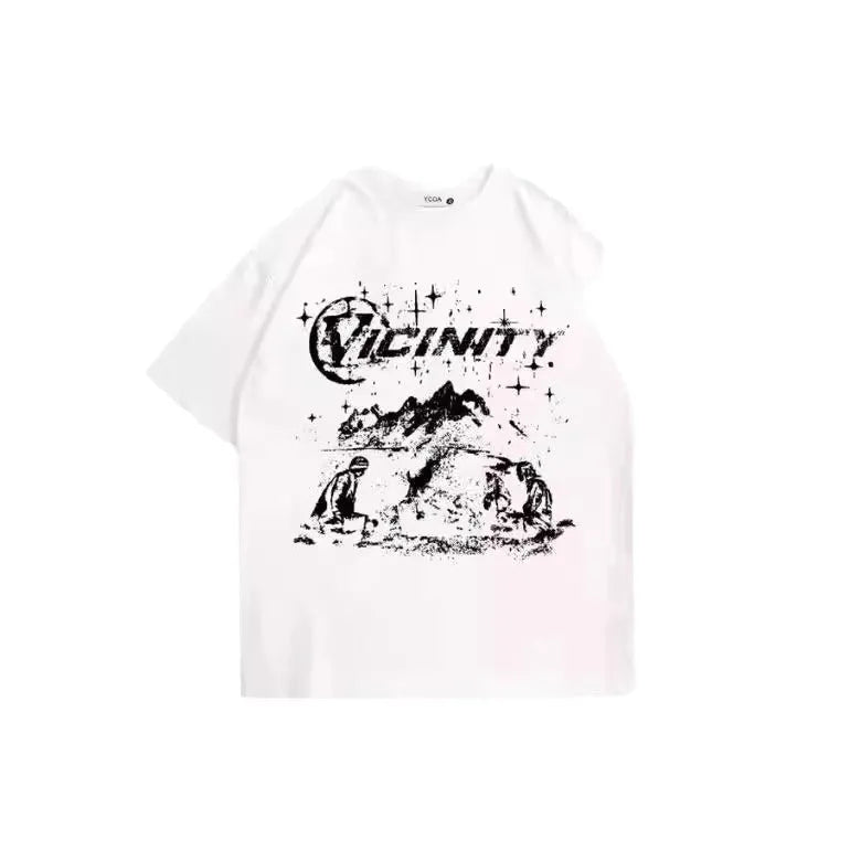 Men's grey hip hop graphic print t-shirt on a hanger, showing retro design on polyester fabric.