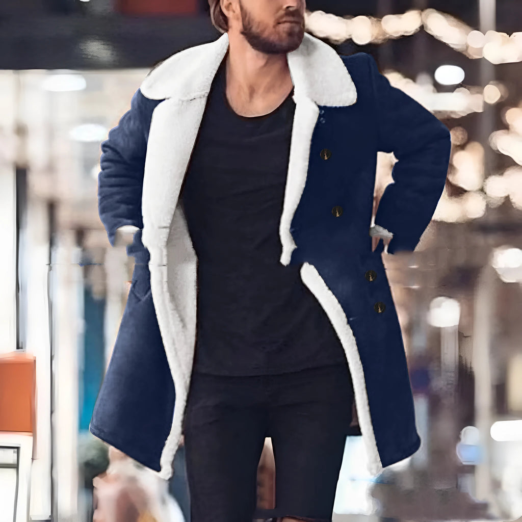 Men's polar fleece composite suede jacket with double-breasted lapel collar in khaki colour