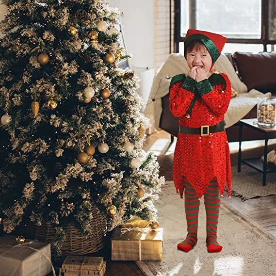 Kids Christmas elf costume in green with sequin details, hat and socks on a child model.