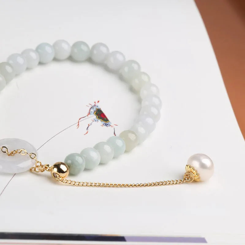 Natural jade peace buckle pearl bracelet with geometric pendant on wrist