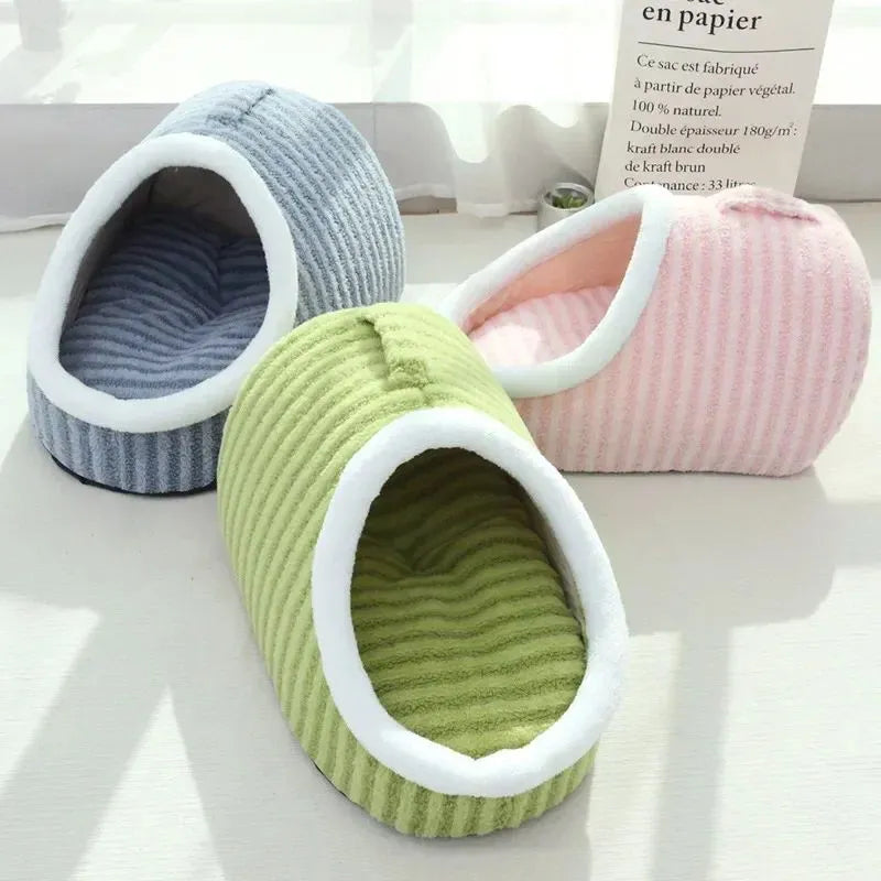 Striped dog bed with removable sponge mattress in blue, green, pink or yellow colour options