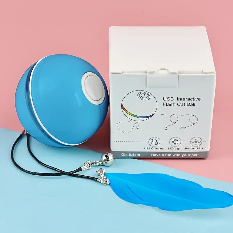 USB rechargeable electric cat toy with LED light-up ball and rotating feather attachment