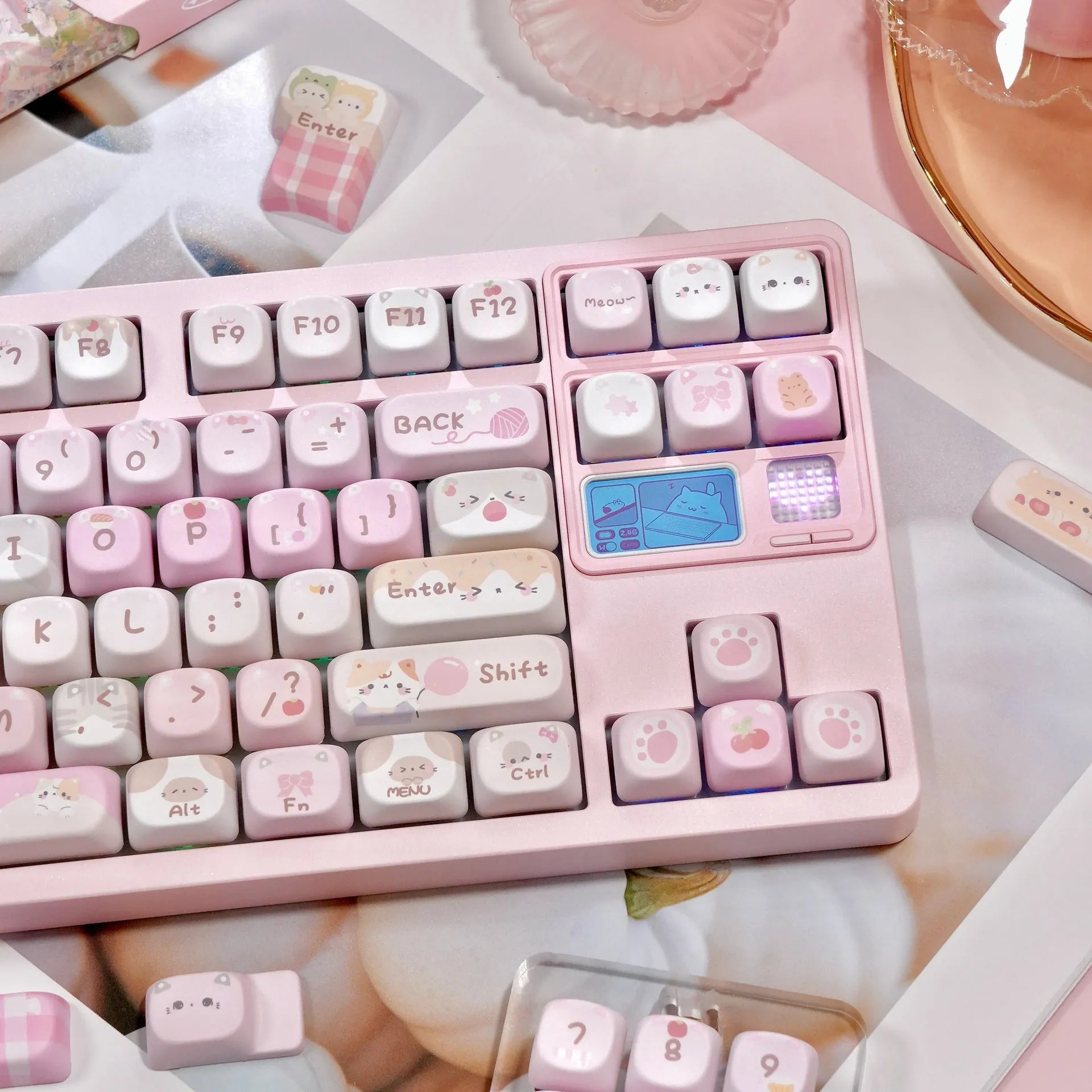Pink MOA height mechanical keyboard key caps with cartoon design on all five sides
