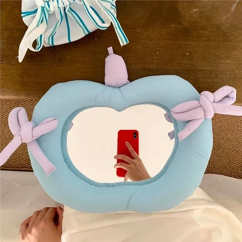 Korean-style soft fabric pillow mirror with apple print and aluminium lens