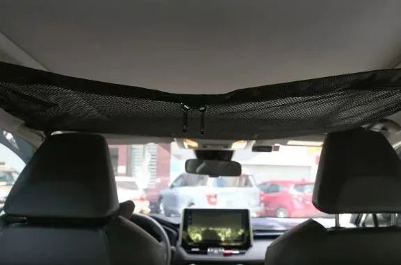 Black multifunctional hanging car storage bag with double-layer mesh, 60x80cm size, fitted on car top