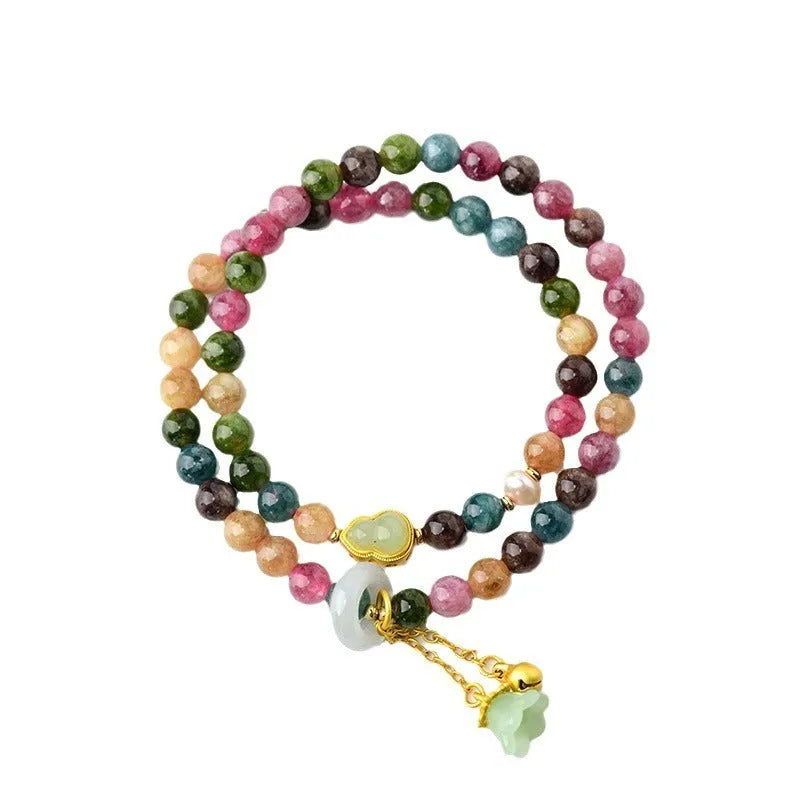 Natural chalcedony double ring bracelet with geometric beads