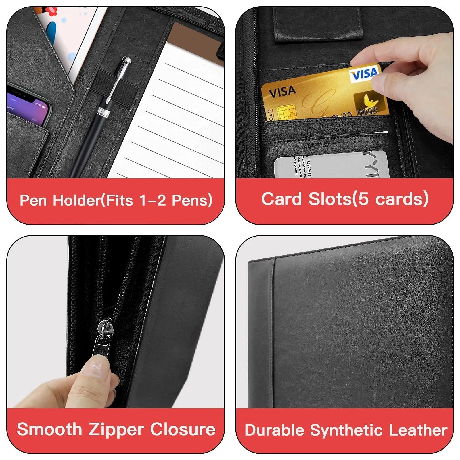 Waterproof PU zipper envelope storage bag in black – 34 x 25.5 x 3 cm with polyester lining for loose-leaf planners