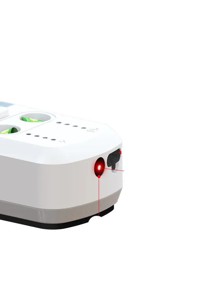 Red laser level with dust collection bracket, showing compact dimensions and built-in rechargeable battery.