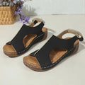 Women's plus size wedge sandal with PU upper and Velcro strap in light brown, side view