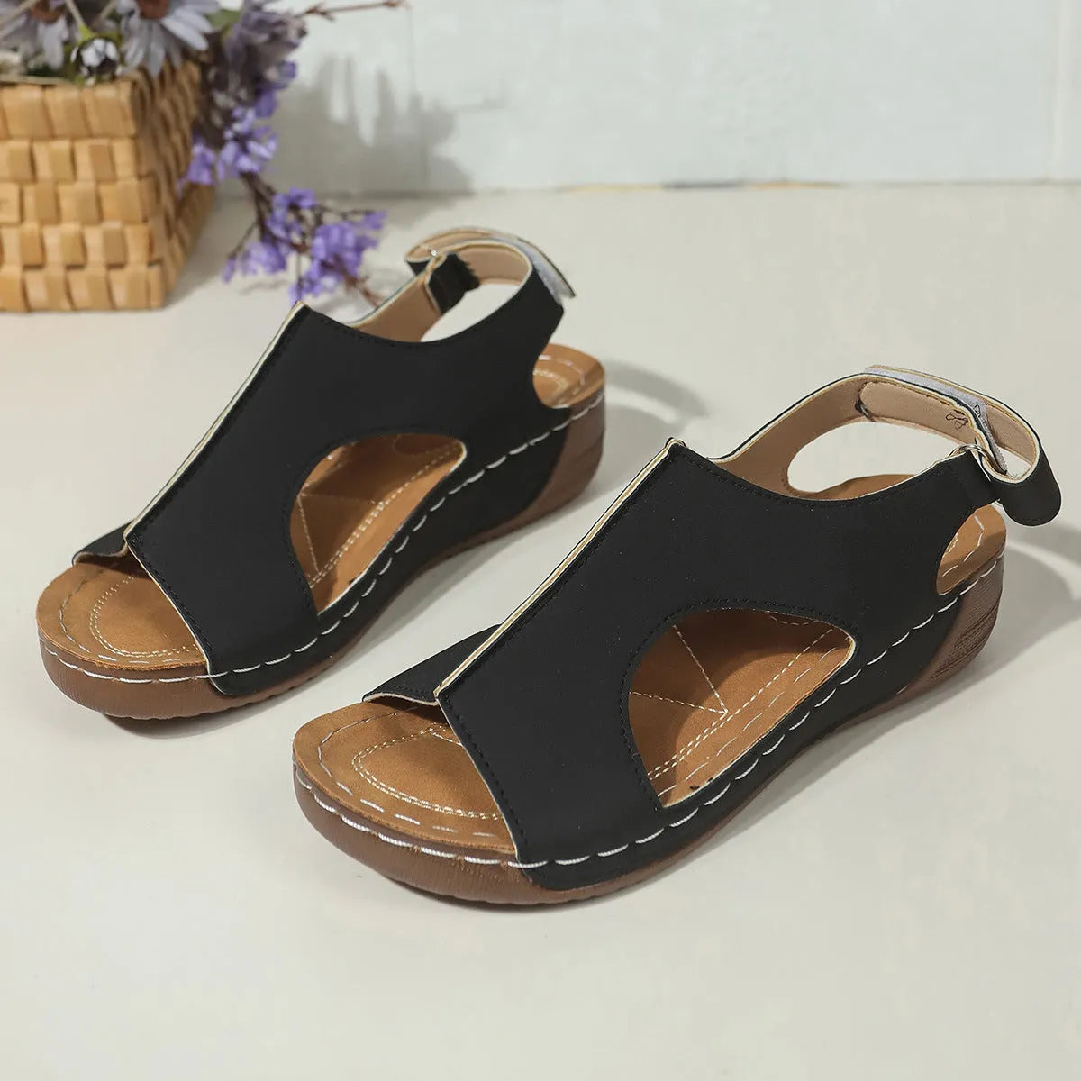 Women's plus size wedge sandal with PU upper and Velcro strap in light brown, side view