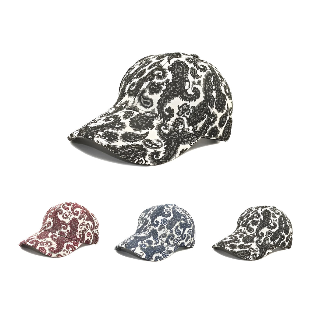 Blue paisley print polyester baseball cap with a dome crown, shown from the side.