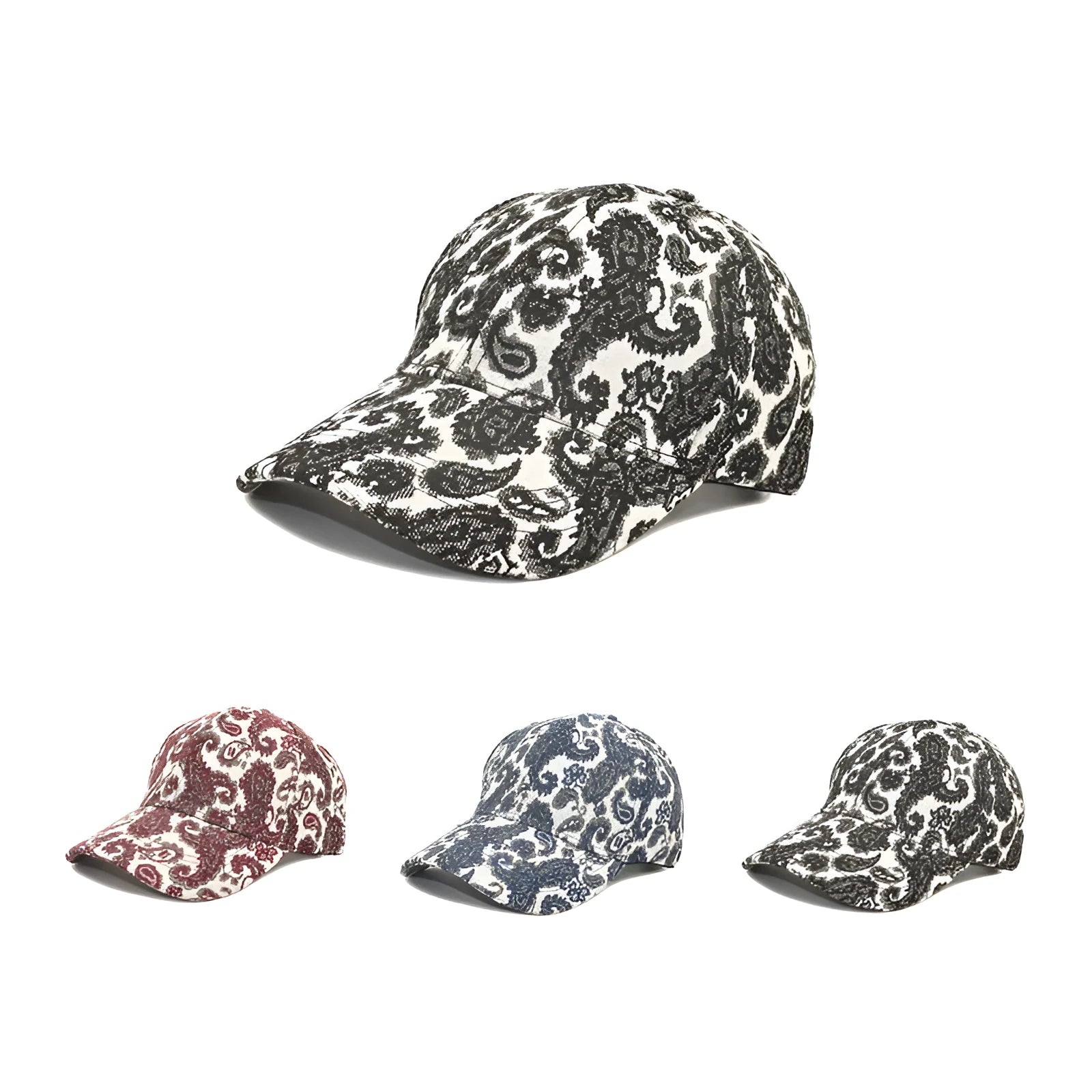 Blue paisley print polyester baseball cap with a dome crown, shown from the side.