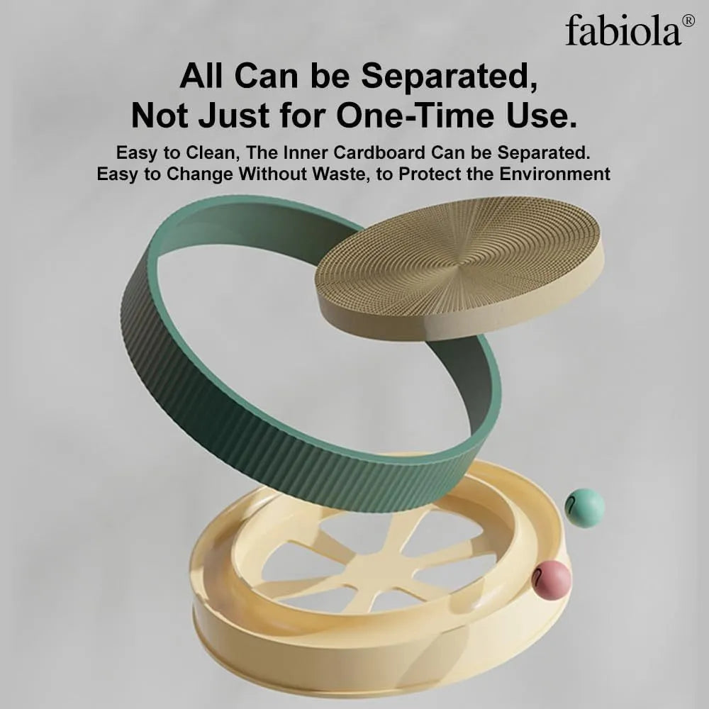 Large green circular cat scratching board with bell balls and replaceable cardboard core