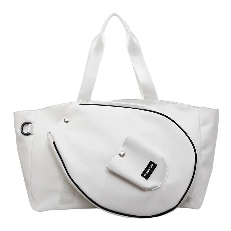 Black one-shoulder yoga storage bag showing large capacity and casual design