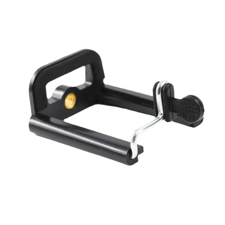 Black plastic U clip mobile phone holder mounted on a hose.
