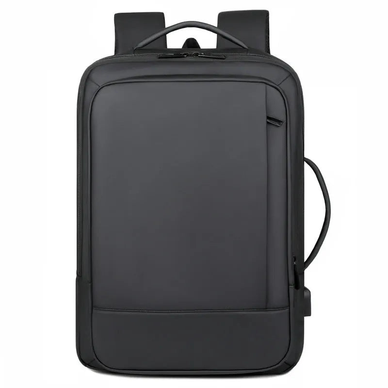 Large black waterproof backpack with curved shoulder straps for business travel and commuting