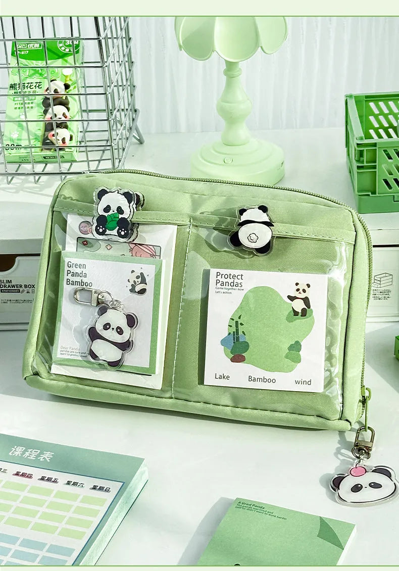 Green Korean style panda pencil case with 12 layers for large capacity stationery storage
