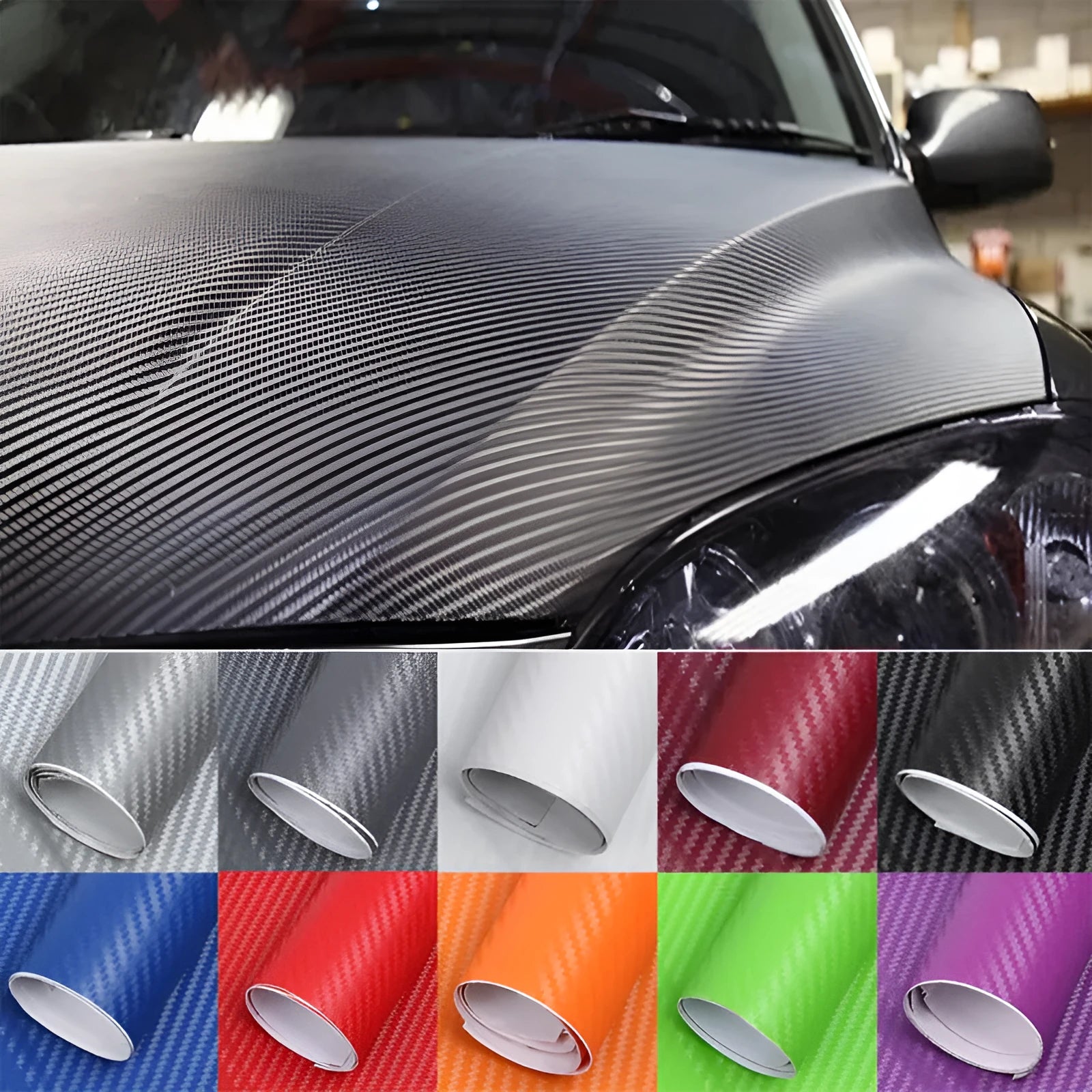Roll of carbon fibre sticker for car decoration in various colours showing 3D texture