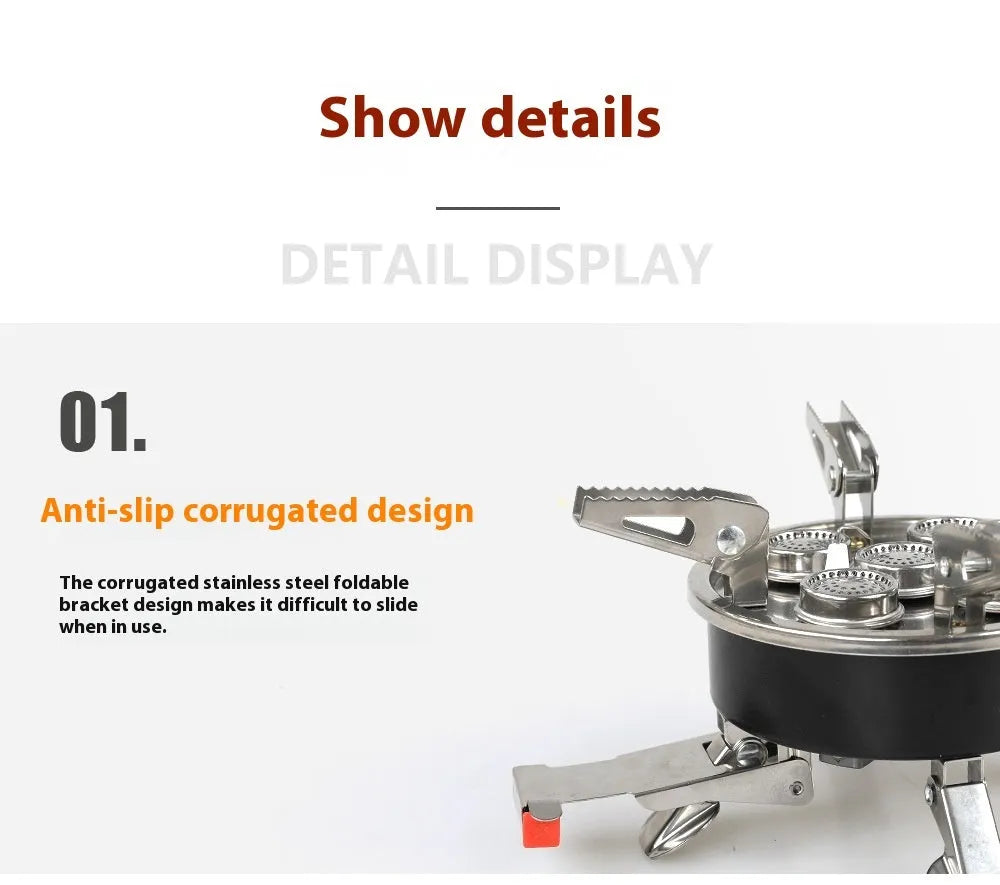 Silver stainless steel split camping stove with folded legs and a coiled 100cm fuel hose, shown next to a ruler showing 155mm length.