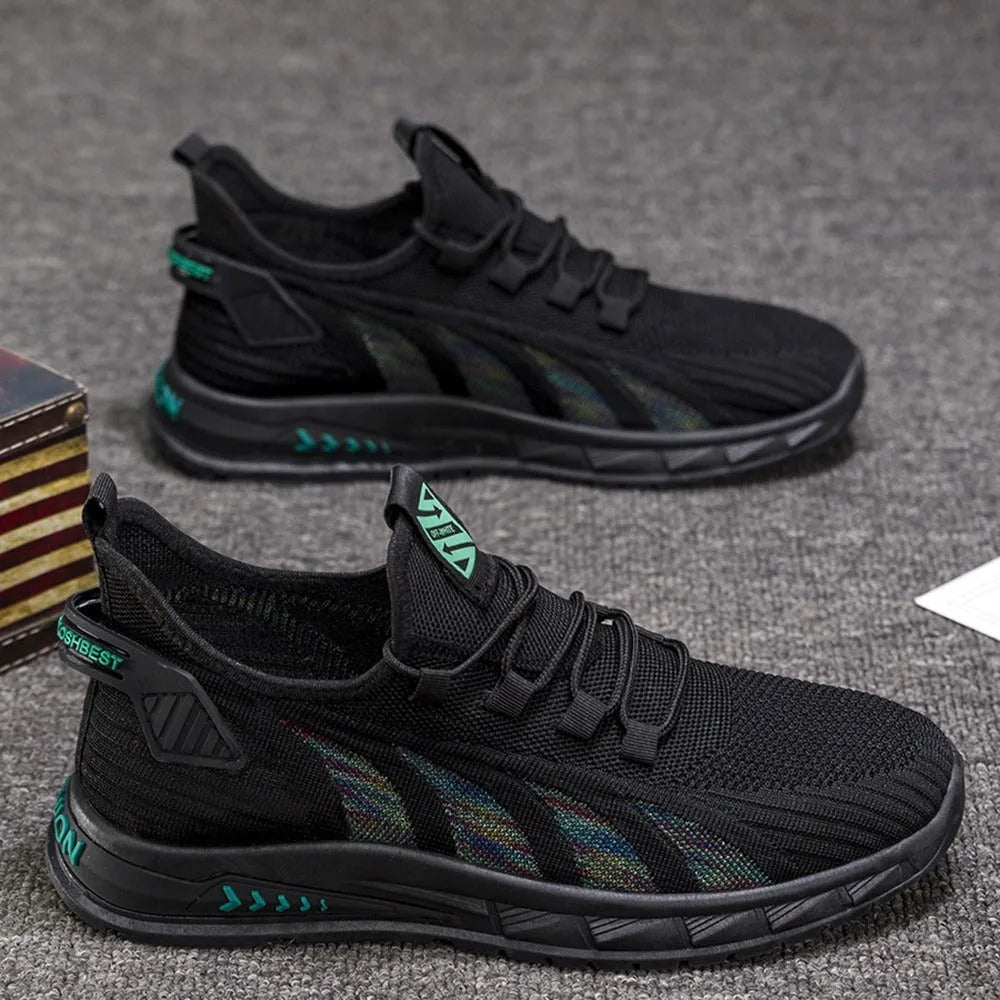 Men's low-top casual sneakers with mesh surface, striped pattern, and fat foot design in multiple colour options