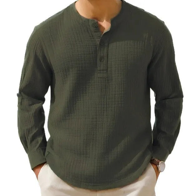 Cotton linen blend long sleeve t-shirt with 3/4 sleeves in slim fit pullover style