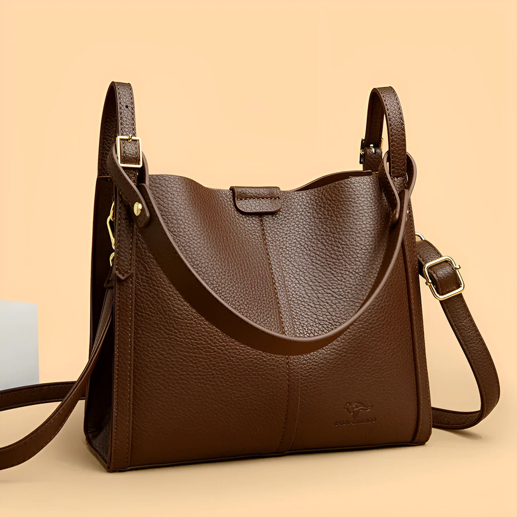 Vertical square ladies shoulder bag in soft PU with internal organisation compartments